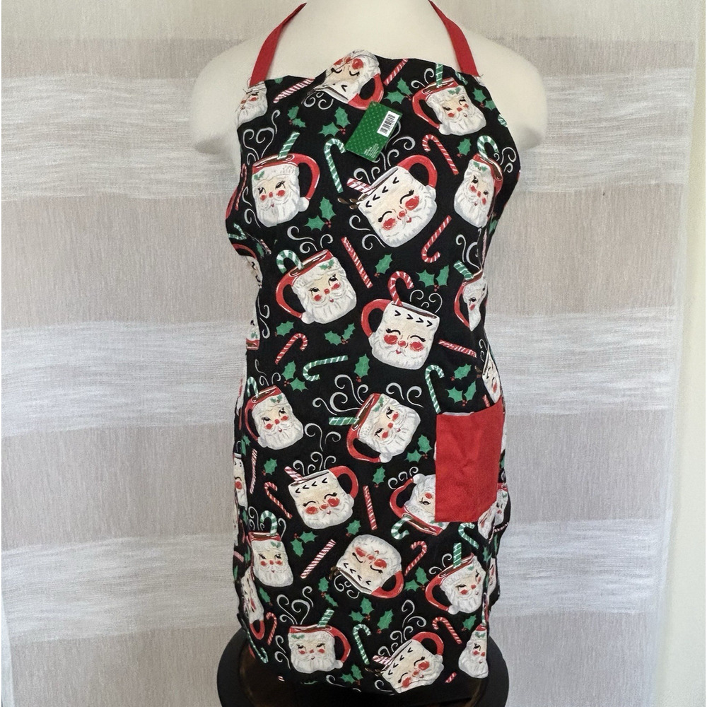 NWT Christmas Holiday Kitchen Apron Santa Mugs Sleigh Bell Bistro NEW‎
